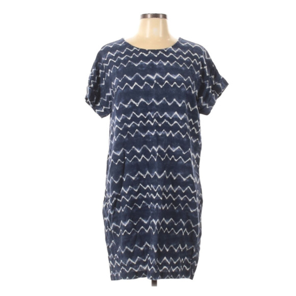 Old Navy Linen Dress Large TALL Shift SS Blue Chevron Print - Picture 1 of 9